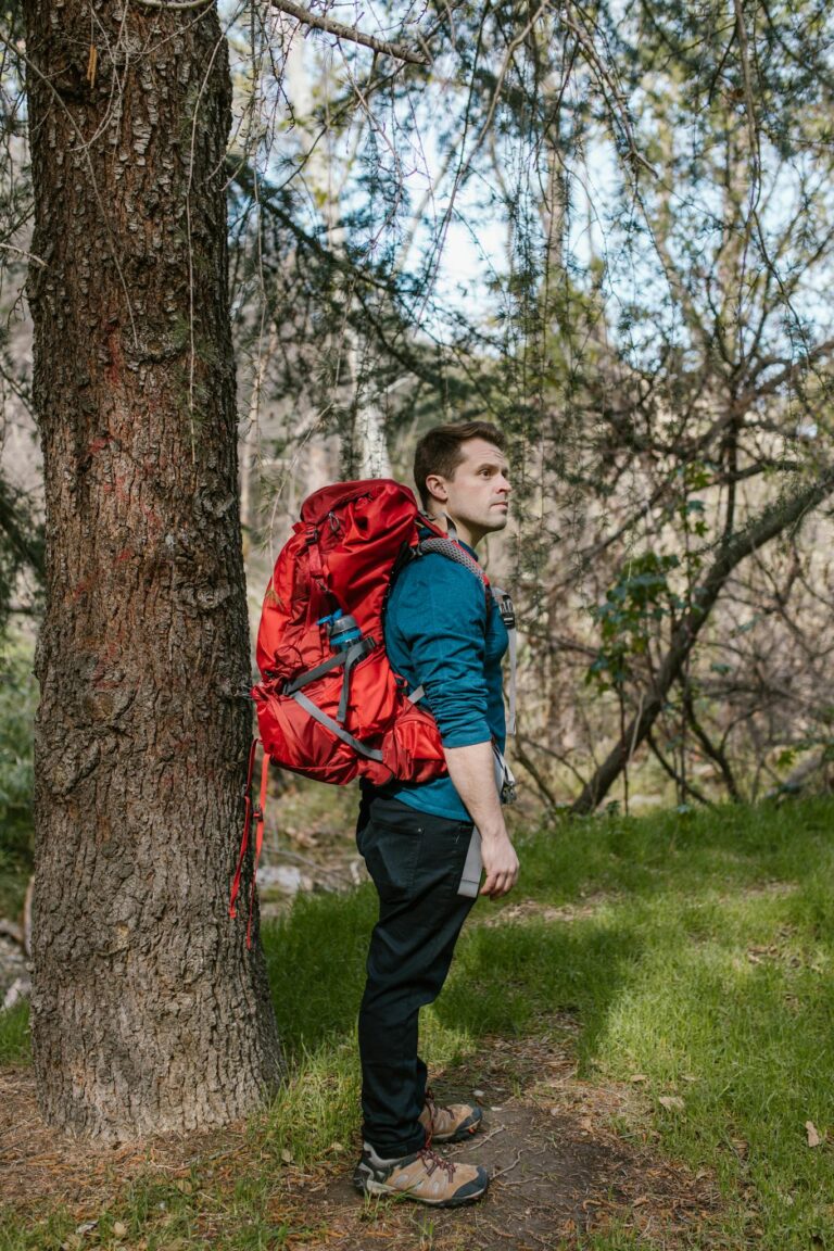 Boy in Red and Blue Jacket Standing on Green Grass Field Near Brown Tree